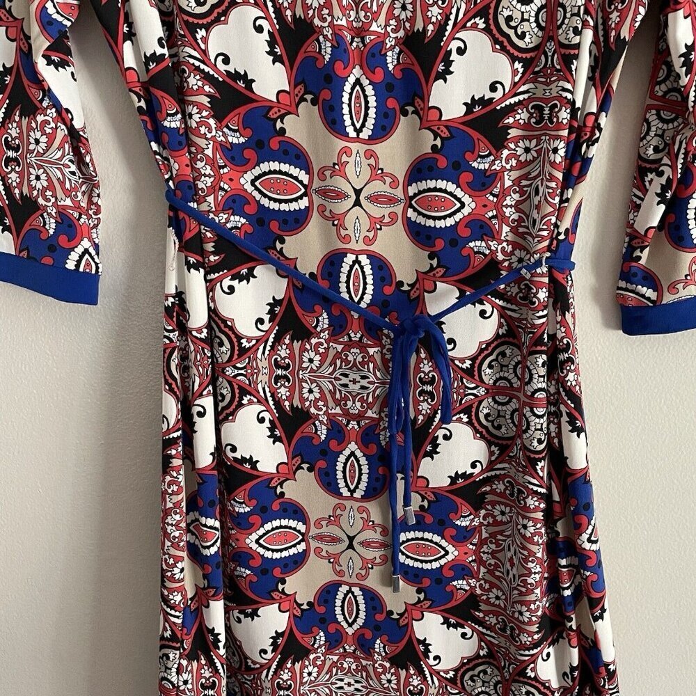 Liz Claiborne Petite Wmn PS Multicolor Dark Dune 3/4 Sleeve Tie Belt Dress NWT - Picture 3 of 12